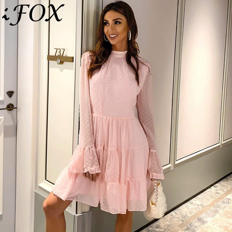 IFox Charming O Neck Knee Length Boho Women Dress 2021 Arrival Chiffon Long Sleeve Summer Autumn Beach Vestidos Casual Dresses