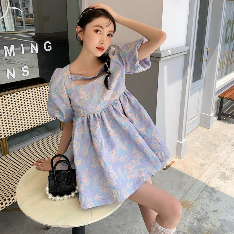 Women Dress Puff Sleeve Square Collar Printing A-line Sweet Female Termperament Fashion Summer 2H284 210526