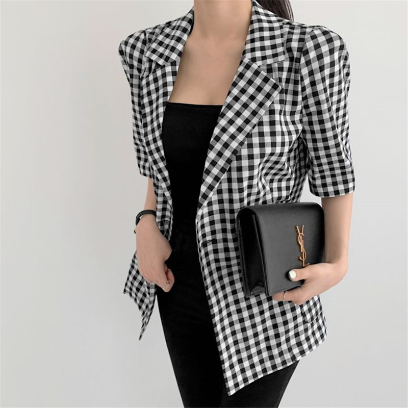 Vintage Plaid Suit Blazer Jacket Loose Elegant Summer Blazers Fashion Office Lady Short Sleeve Women Coat Tops 210421
