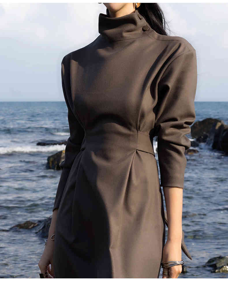 Korean Chic Elegant Temperament Turtleneck Dress Women Slim Waist Casual Belt Maxi Dresses Vestidos Mujer 210519