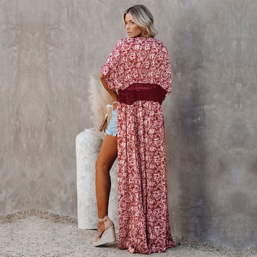 Boho Printed Bikini Cover-ups Plus Size Beach Wear Elegant Self Belted Kimono Dress Women Summer Swimsuit Cover Up A798 210420