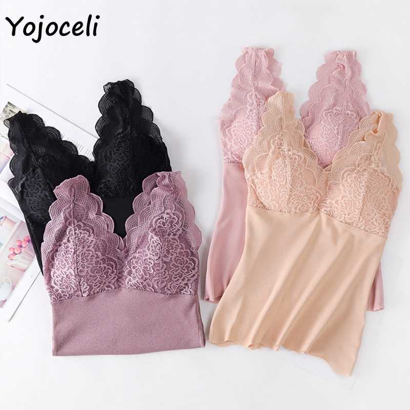 Yojoceli lace patchwork cami winter underwear basic velvet cami t-shirt 210609