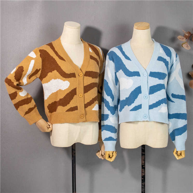 Colorfaith Women's Autumn Winter Sweaters Fashionable Elegant Cardigans Vintage Zebra Knitwears Short Tops SWC1363JX 211014
