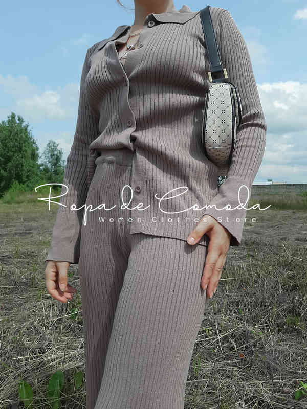 Sweater Solid Color Suits Women Matching Sets Oversize Fleece Pants Roll Collar Knitted Top Flare sleeve Spring Summer 211218wtt