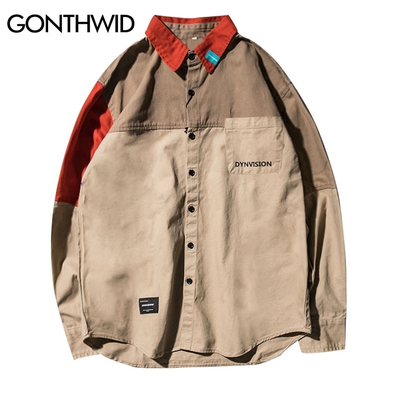GONTHWID Color Block Patchwork Long Sleeve Dress Shirts Harajuku Casual Button Down Shirt Men Fashion Hip Hop Streetwear Tops 210410