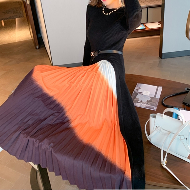 Autumn Winter Vintage Elegant Knit Long Sleeve Midi Work Office Lady Pleated Dress Slim Formal Gradient Women Clothes 210520