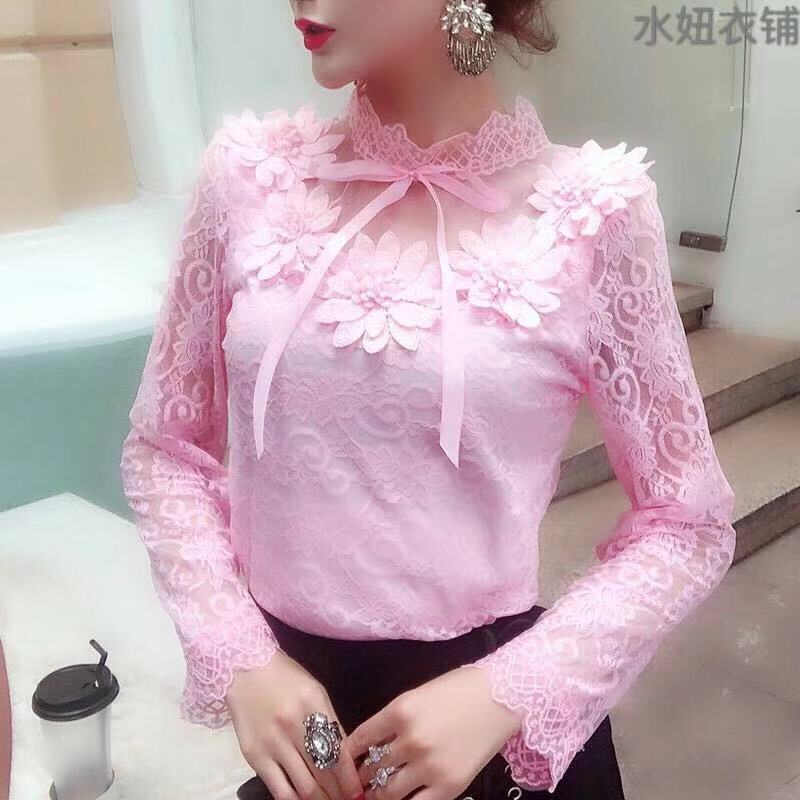 Spring Autumn Korea Fashion Sexy Hollow Out Long Sleeve Sweet Women Shirts All-match Casual Floral Lace Blouse Female Tops D188 210512