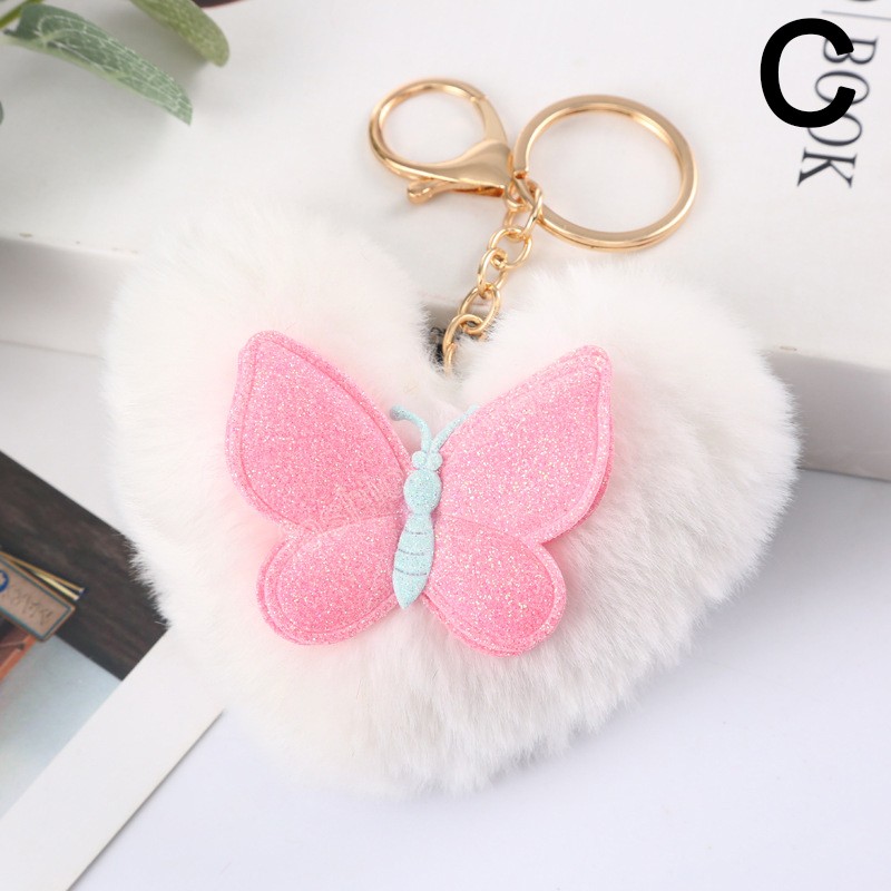 Heart Shape Hair Ball Key rings Plush Pompom Car Keychain for Women Bag Ornaments Cute Butterfly Key Chain Holder