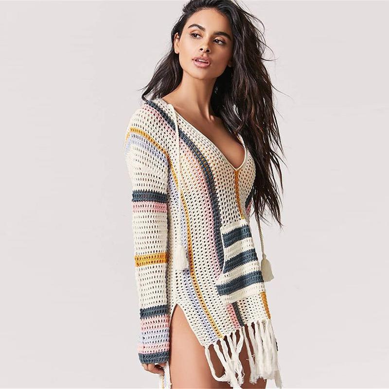 Knitted Bikini Cover up Tassel Tunic for Beach Pareos de Playa Mujer Kaftan covers Women Swim suit #Q760 210420