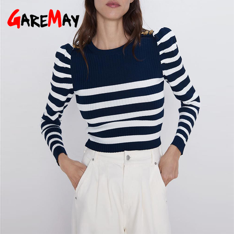 Stripe Sweater Women Autumn Winter Long Sleeve Button Shoulder Crop Striped Ladies Elegant Skinny Jumpers Pullover 210428