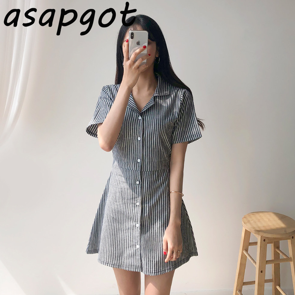 Casual Vintage Short Sleeve Blue Lapel Striped Shirts Dress Women Mini Preppy Style Student Summer Lace Up Vestido Mujer 210429