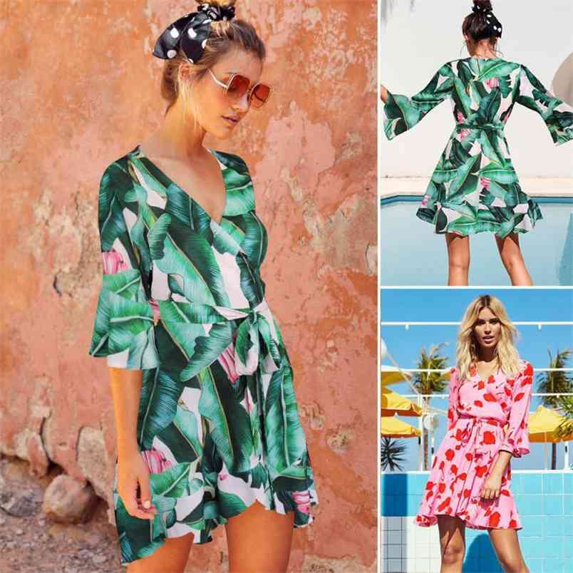 Women Dress Deep V Neck Flare Sleeve Printed Bohemian es Floral Lace Up Sexy Beach es Fashion Summer 210513