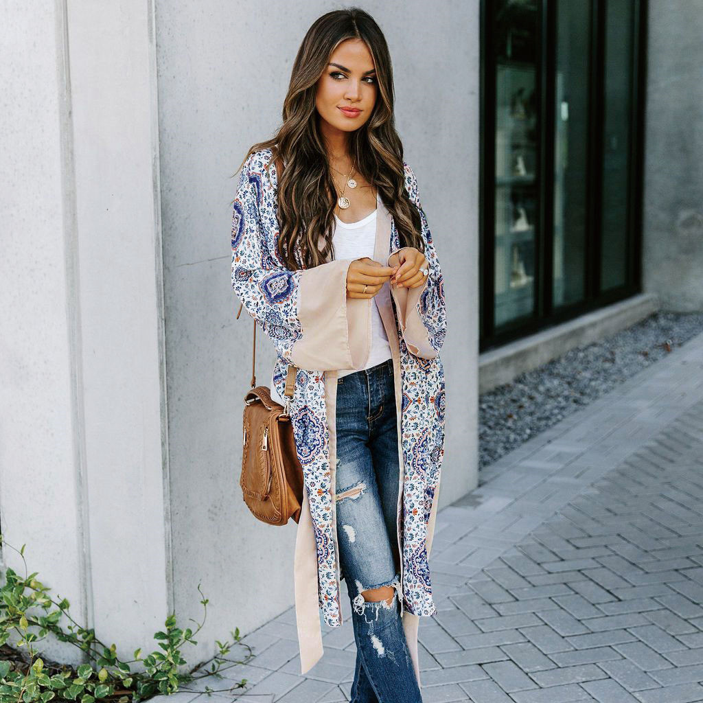 Boho Print Robes Bathing Suit Cover-ups Plus Size Beach Wear Self Belted Kimono Dress Women Summer Swimsuit Cover Up A817 210420