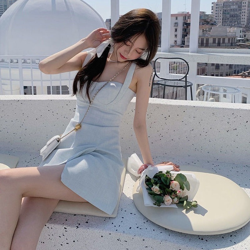 French Sweet Dress Women Straps Solid Casual High Waist Sexy Mini Dress Office Lady Evening Party Summer Dress Kroea Style 210521