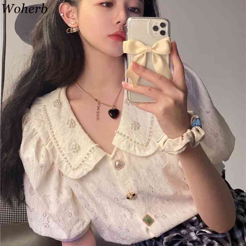 Korean Vintage Women Blouses Shirt Summer Puff Sleeve Single Breasted Tops Elegant Ladies Fashion Blusas Mujer 210519