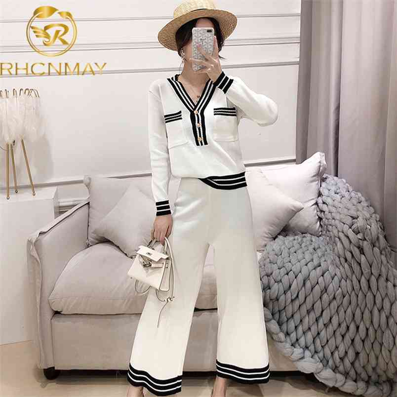 Autumn Fashion Knitting Female Sweater Pants For Women Two Piece Set Knitted Pullover V-neck Long SleeveTop Wide Leg 210506