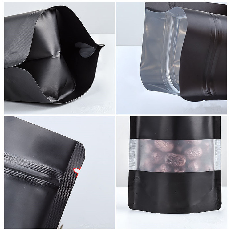 100pcs Stand up Matte Black Aluminum Foil Window Zip Lock Bag Resealable Meat Coffee Powder Snack Nuts Xmas Wedding Gifts Heat Sealing Packaging Pouch