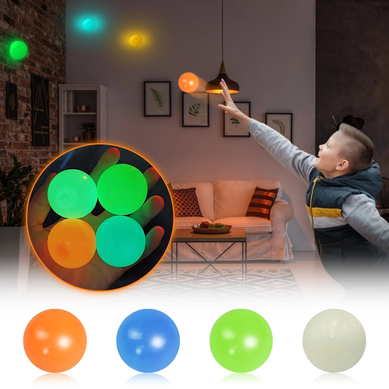 2/4pcs/set Pop It Glow InThe Dark Relief Toys Anxiety Pressure Luminous Balls Squishy Toy Sticky Wall Children Kids Gifts