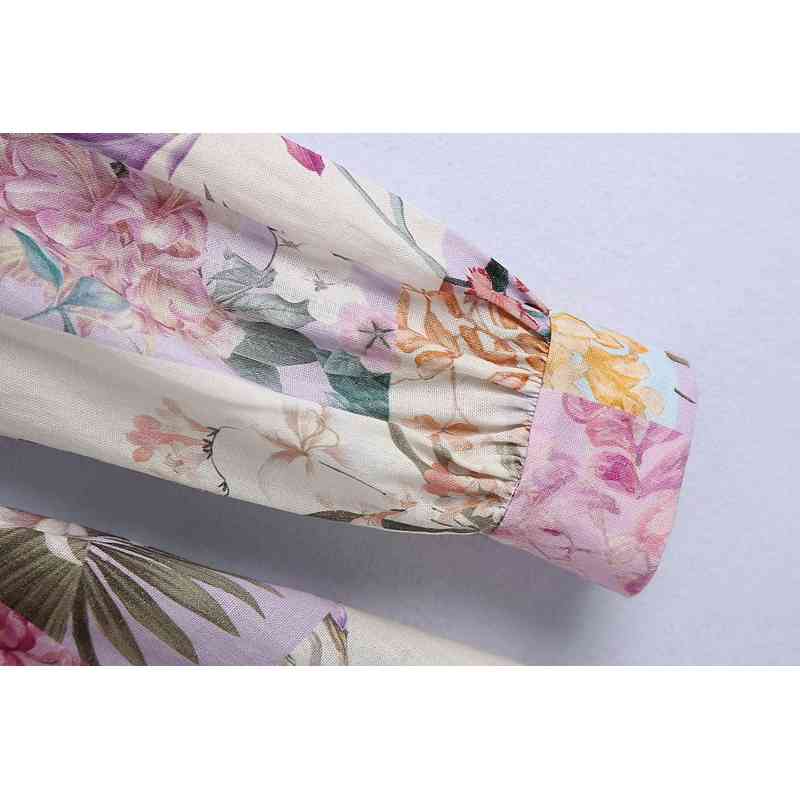 Spring Autumn Single-Breasted Flower Print Lace-Up Dress Female Long-Sleeve Comfortable Shirt Casual 210514