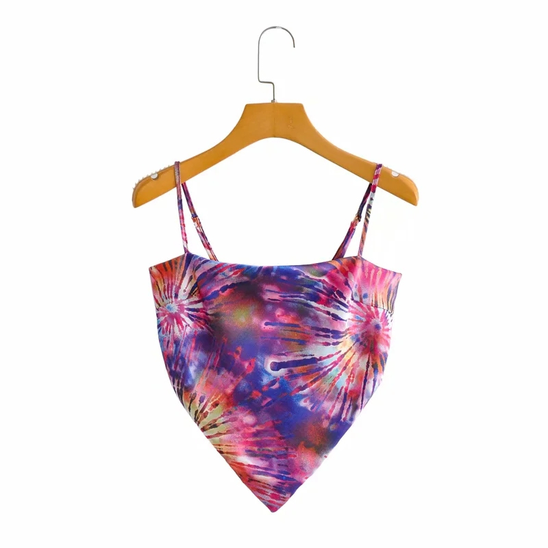 Casual Woman Slim Tie-Dye Spaghetti Strap Triangle Top Summer Sexy Ladies Beach Camisole Female Chic Backless Tanks 210515