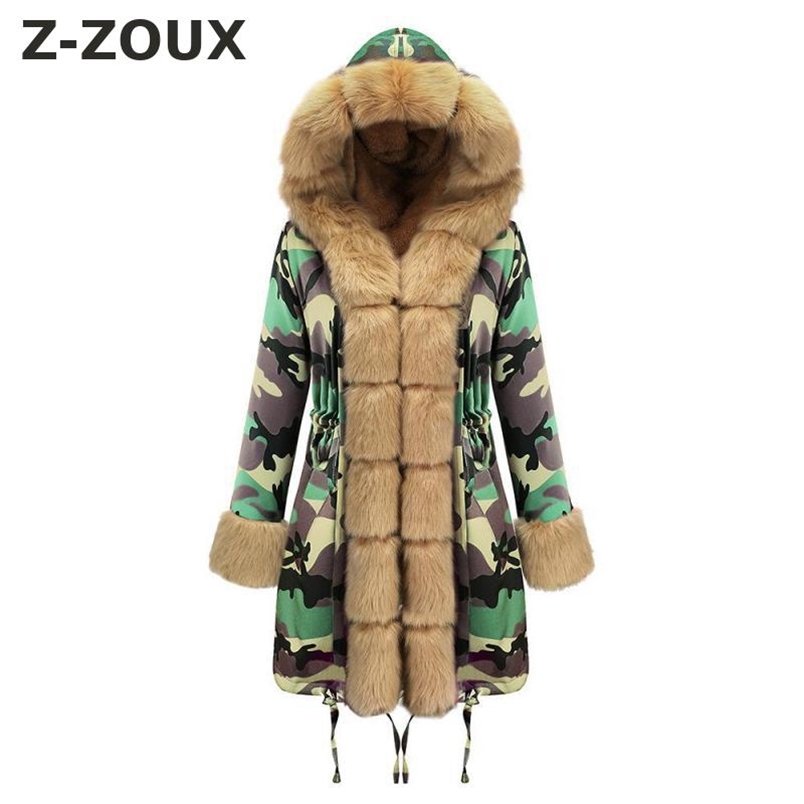 GetSpring Women Parka Winter Outwear Jacket Coat Camouflage Down With Fur Hood s 210513