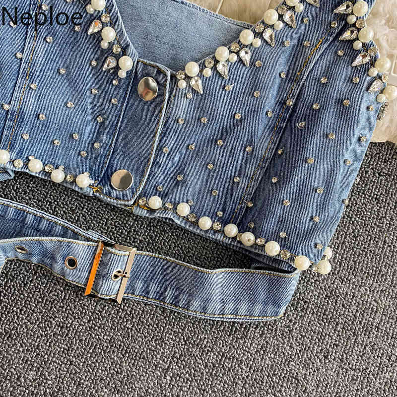 Neploe blouses women Loose Pleated Puff Sleeve Tops Korean fashion white tops beading Denim sling vest Two Piece Set Woman 4h617 210422