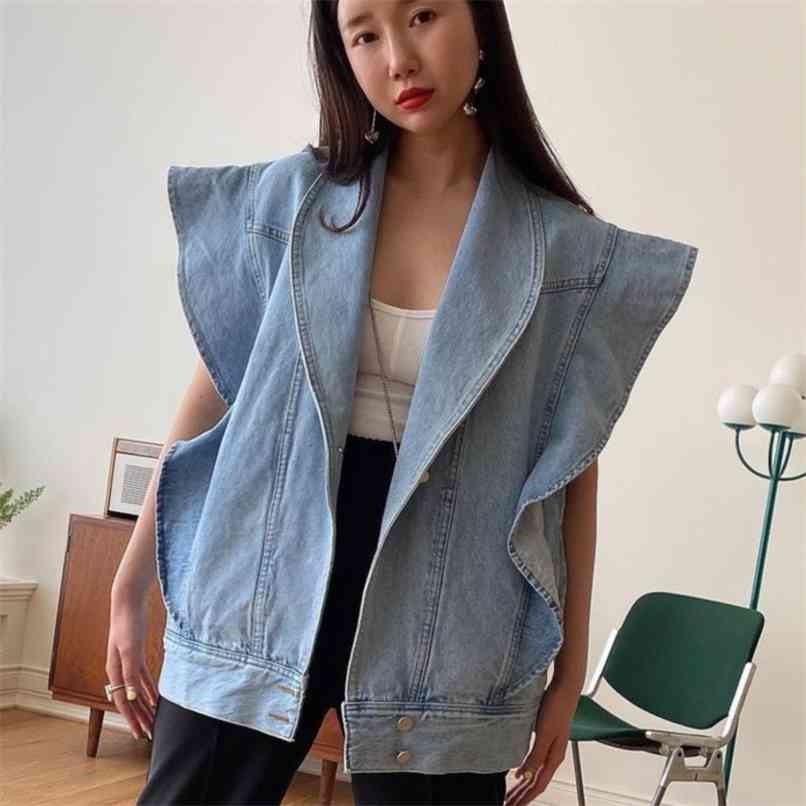 [EWQ] Korea Chic Summer Casual Lapel Ruffled Loose Blue Sleeveless Vest Jacket Women Trendy Ladies Clothing 16E 210819
