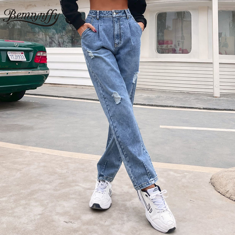 Solid Pleat Front Ripped Jeans Woman Spring Autumn High Waist Casual Streetwear Women Baggy Denim Pants Bottoms 210510