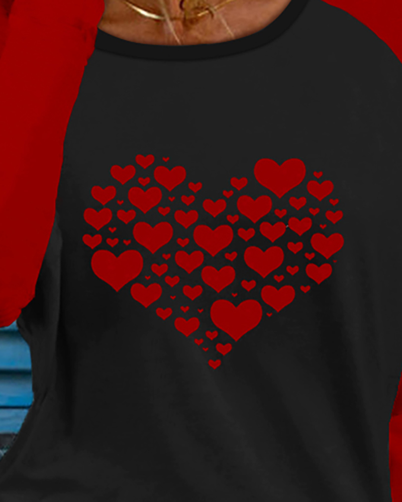 Valentine's Day Spring Fall Women's Heart Print Top Tee Femme Round Neck Long Sleeve Clothing Ladies Casual T-Shirt New 210415