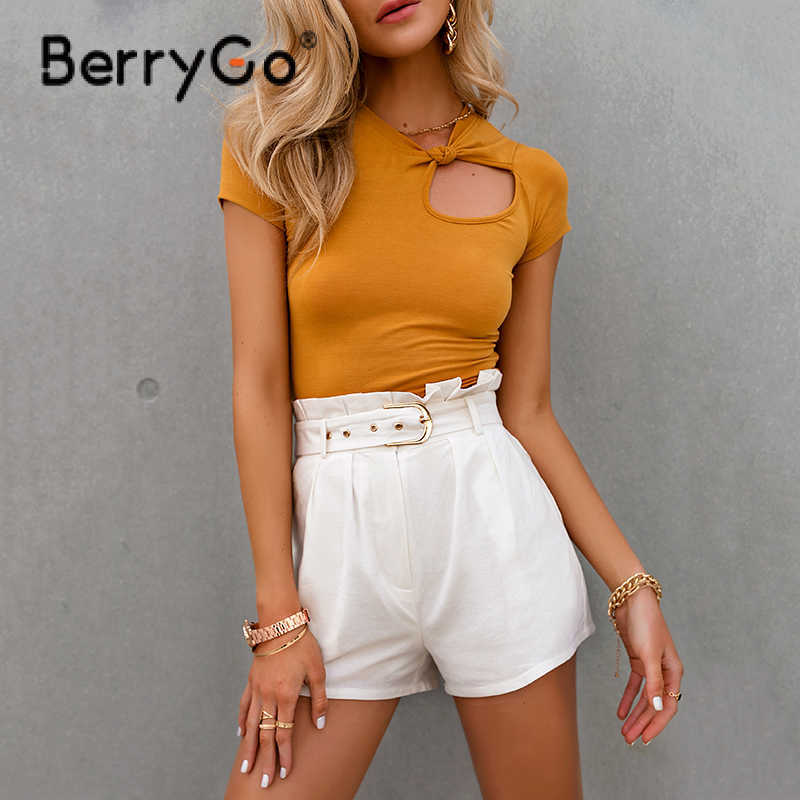 BerryGo White cotton high waist women shorts Summer ruffled belt female short bottoms Fashion short pants streetwear Shorts 210611