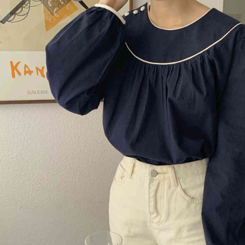 Comelsexy Solid Office Lady Shirts O-Neck Vintage Puff Sleeves Tops Retro Sweet Chic Loose All Match Streetwear Blouses 210515