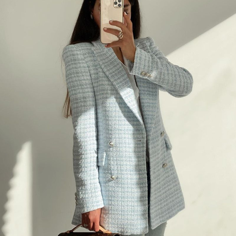 Fashion Casual Double Breasted Tweed Women Blazer Coat Long Spring Autumn Jackets Coats Female Chic Office Lady Tops 210521