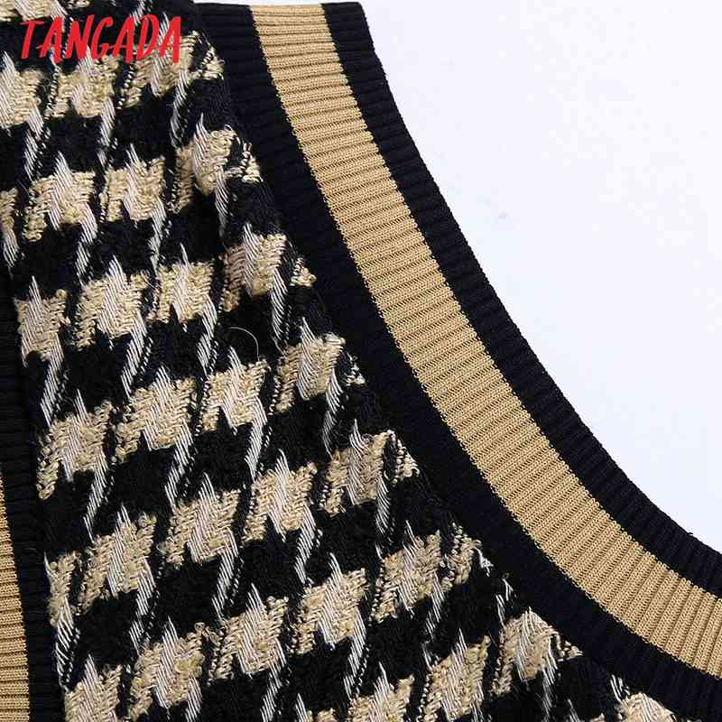 Women Fashion Jacquard Check Knitted Vest Sweater Vintage V Neck Sleeveless Female Waistcoat Chic Tops BE454 210416