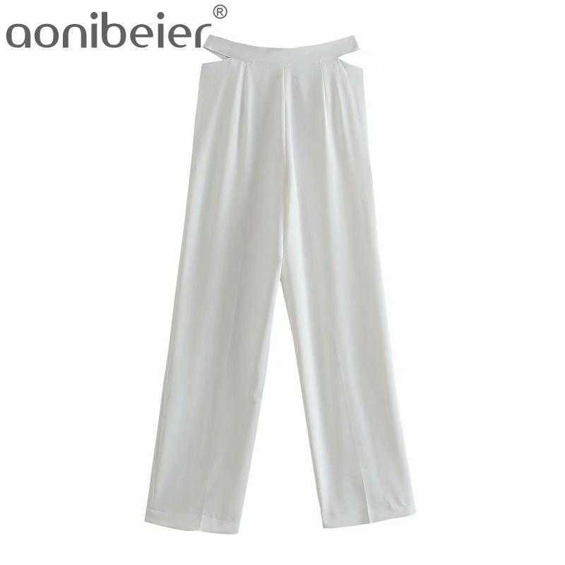 Hollow Out Career Pant High Waist Office Lady Spring Summer Long Suit Straight Trousers 210604, White