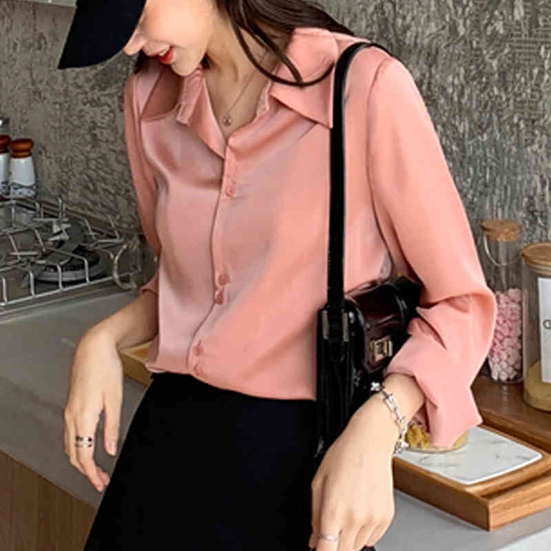 French Fashion Vintage Blouse Silk Satin Shirts Long Sleeve Women Ladies Tops Solid 4 Colors Lapel Women's 11045 210427