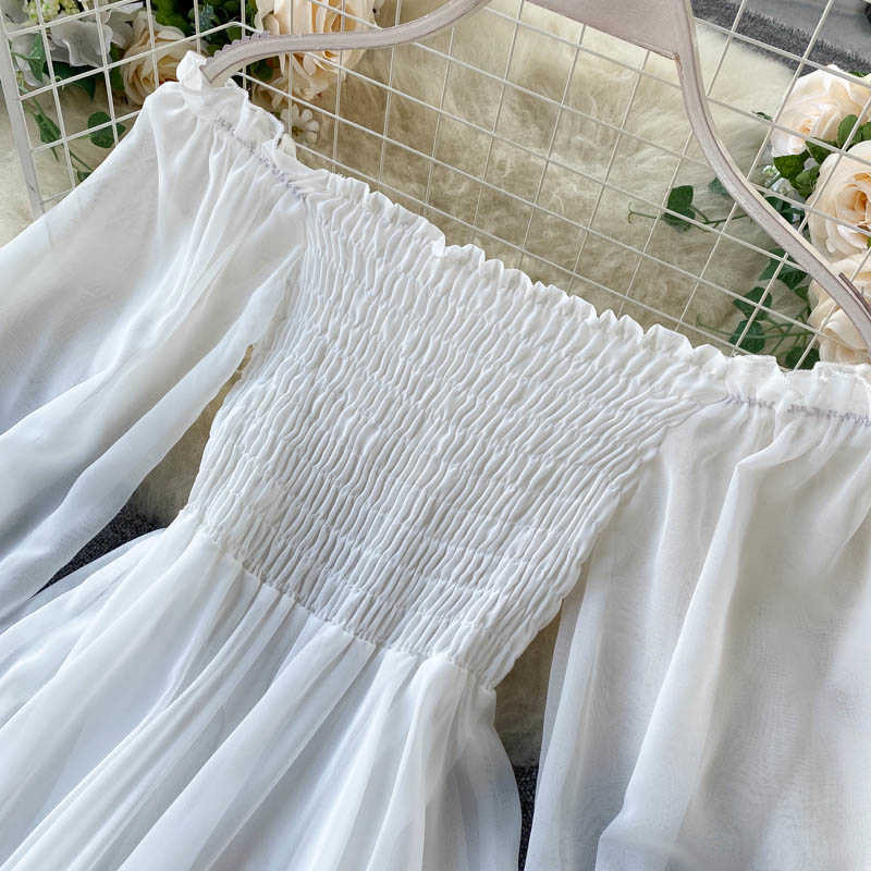 LY VAREY LIN Autumn Women Elegant Holiday Dresses Puff Sleeve Slash Neck Off Shoulder Smocked White Chiffon Dresses 210630
