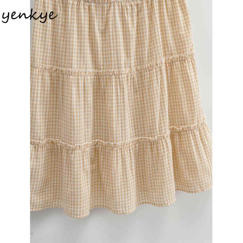 YENKYE Vintage Plaid Dress Women V Neck Sleeveless Tank Summer Casual Dress Female Short Vestido 210515