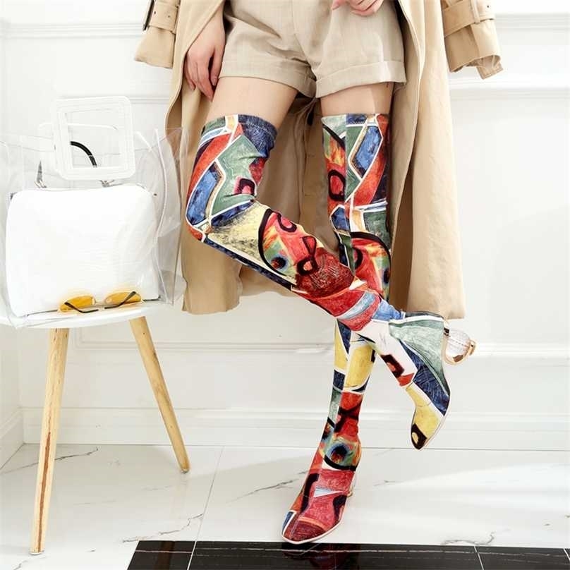 REAVE CAT Women autumn Spring Thigh High Boots Ankle Clear transparent Heels Stretch Colorful Over The Knee Botas Bottine Femme 211105