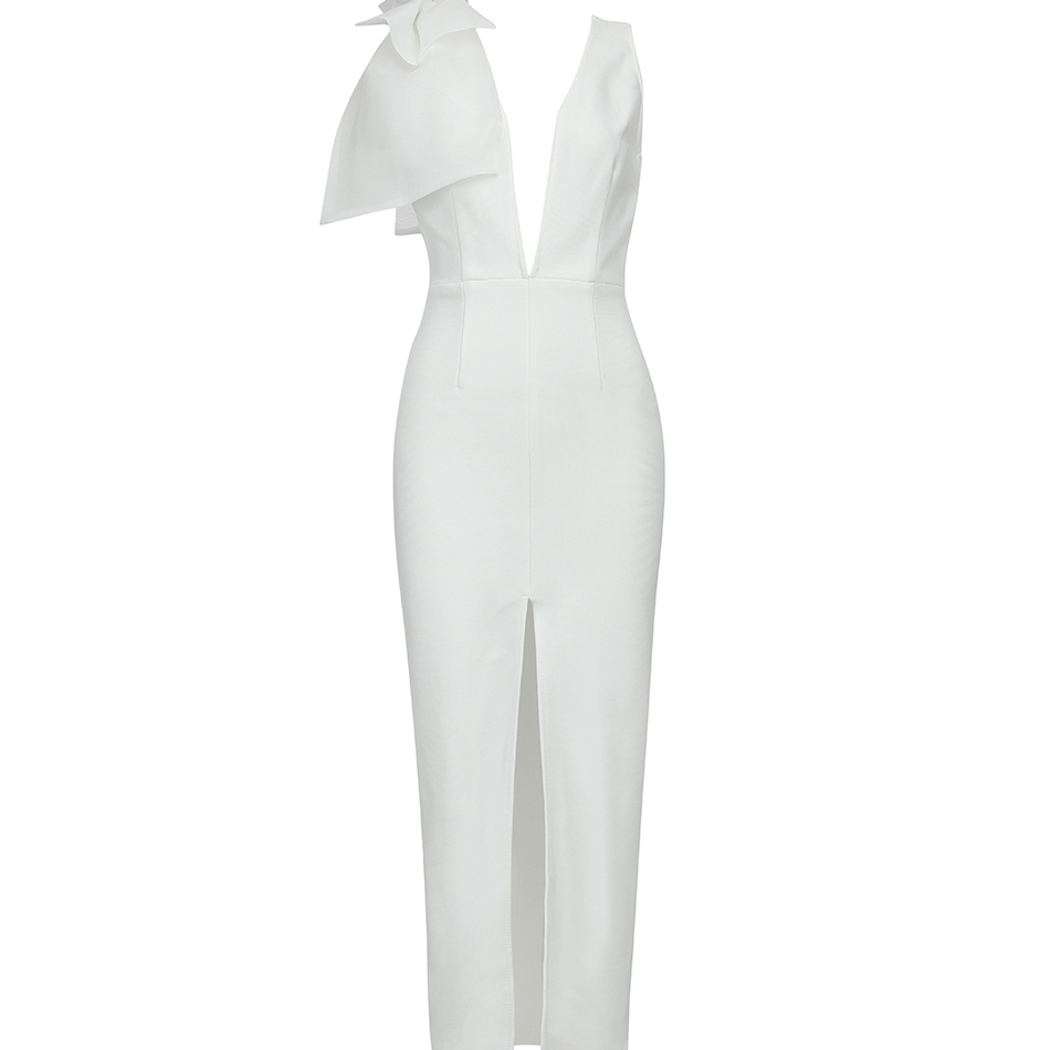 Free White Bandage Dress Women's Sexy V-neck Sleeveless Bodycon Split Celebrity Club Party Midi Vestidos 210524