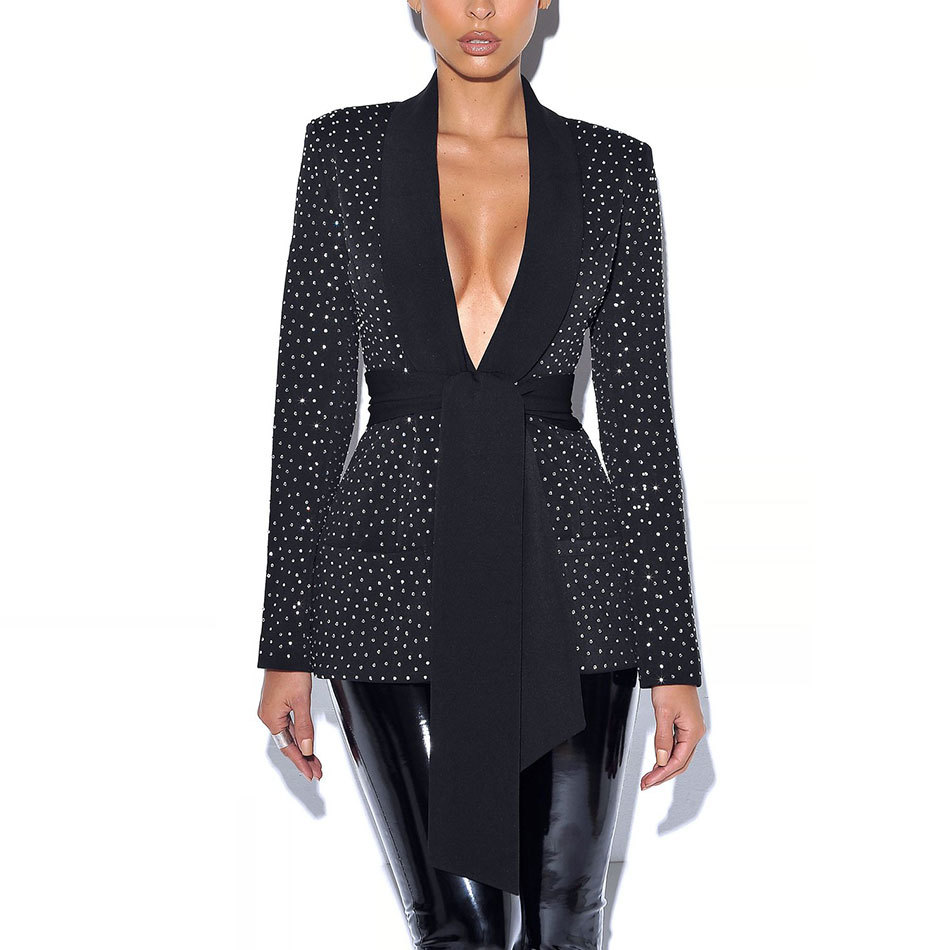 Free Autumn Arrival Diamond Shiny Blazer Black Women's Sexy Deep V Neck Long Sleeve Slim Lace-Up 210524
