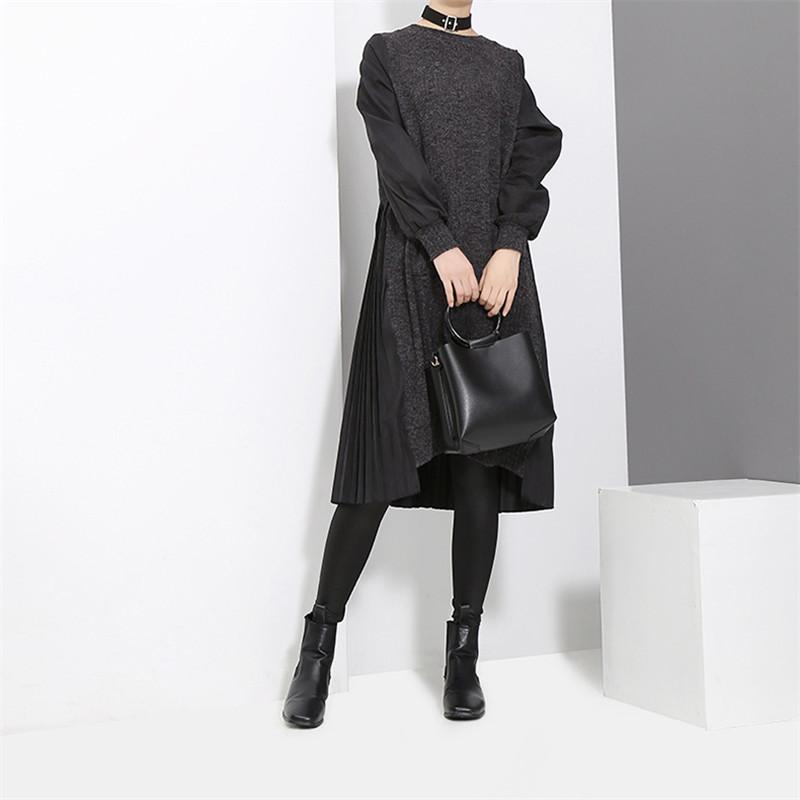 Women Autumn Winter Slim Black Pleated Dress Ladies Fashion Solid Color Plus Size Vestidos Female Brand Casual Dresses ZM765