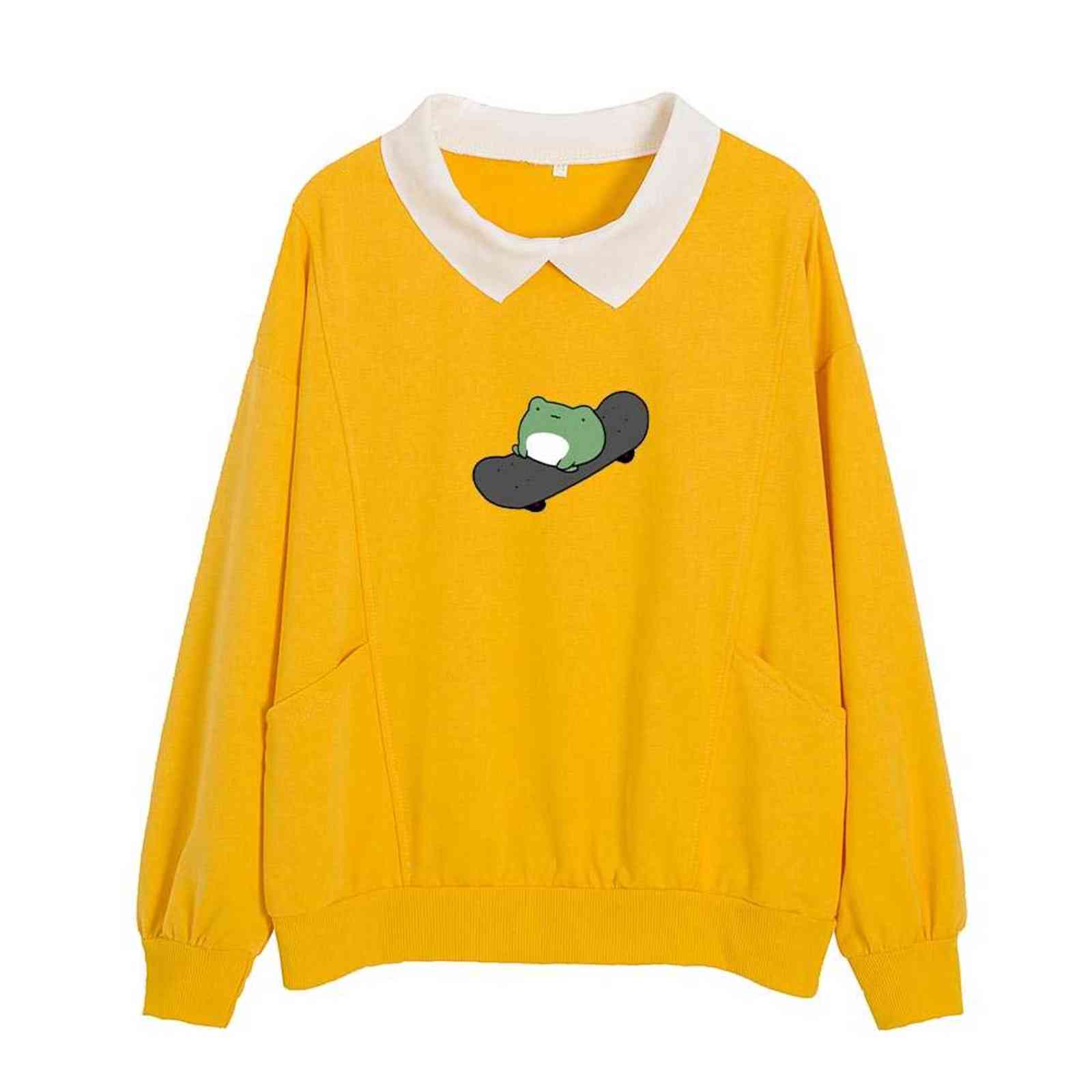 Kawaii Skateboarding Frog Hoodie Oversized Sweatshirt Sweet Turn-down Collar Hoodies for Women Clothes Female Korean Sweatshirts 211109