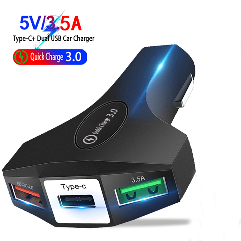 

3 Ports Fast Car Charger Type C And USB Charging Adapter QC 3.0 5V 3.5A With Qualcomm Quick Charge Technology For iPhone Samsung MQ50