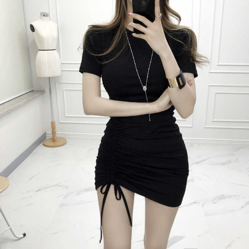 WOMENGAGA Korea summer thin drawstring dress Tight Sexy slim bag hip Sheath female mini dresses sexy tops Z8EL 210603