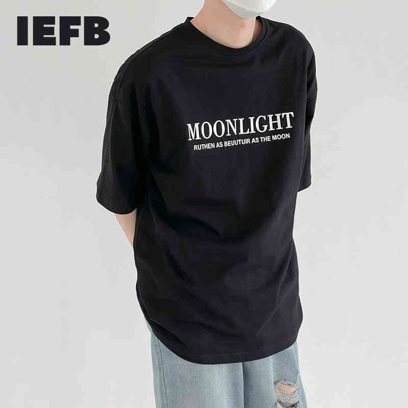 IEFB Black Short Sleeve Men's T-shirt Round Neck Loose Letter Print Simple Casual Korean Trend Black Tee Tops Summer 9Y7589 210524