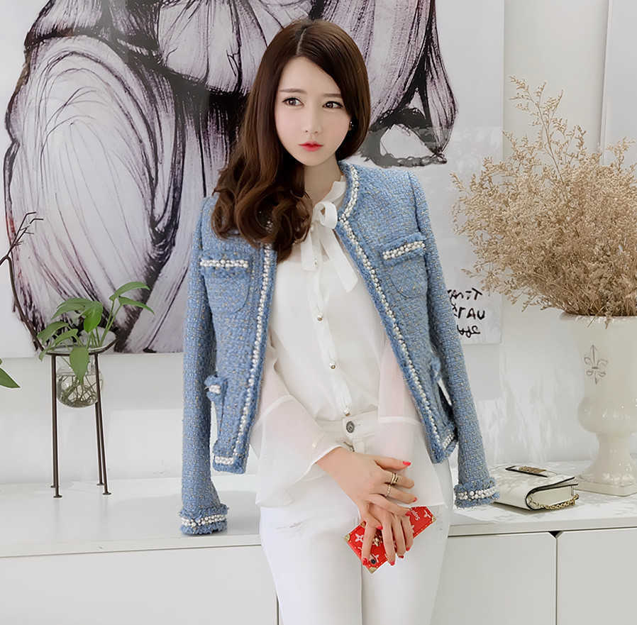 Blue Tweed Jacket Coat Autumn Women's Beading Long Sleeve Woolen Fringed Trim Tassels Pearl Pocket Runway Jacket T200831