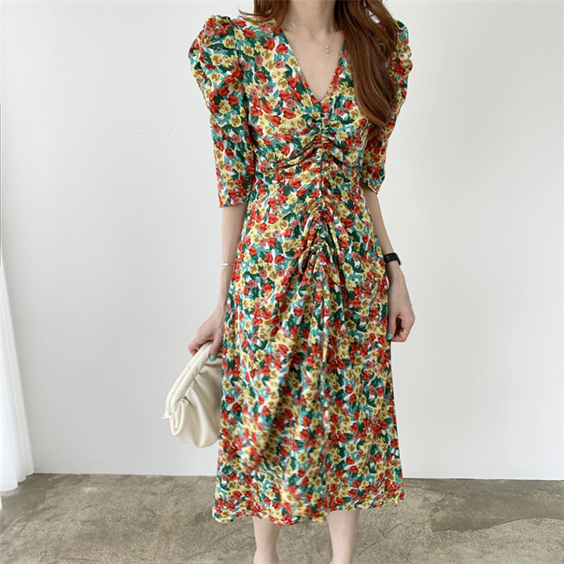 Elegance Chic All Match Chiffon Casual Florals Sexy V-Neck Summer Office Lady Retro Vintage Women Dresses 210421