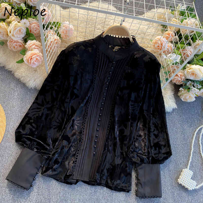 Elegant Lace Hook Flower Loose Blouse Women Stand Collar Lantern Long Sleeve Blusas Spring Shirt Feminino 210422
