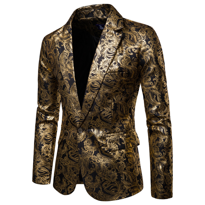 Mens Golden Floral Blazers Business Casual Suit Wedding Dress Gold Blazer