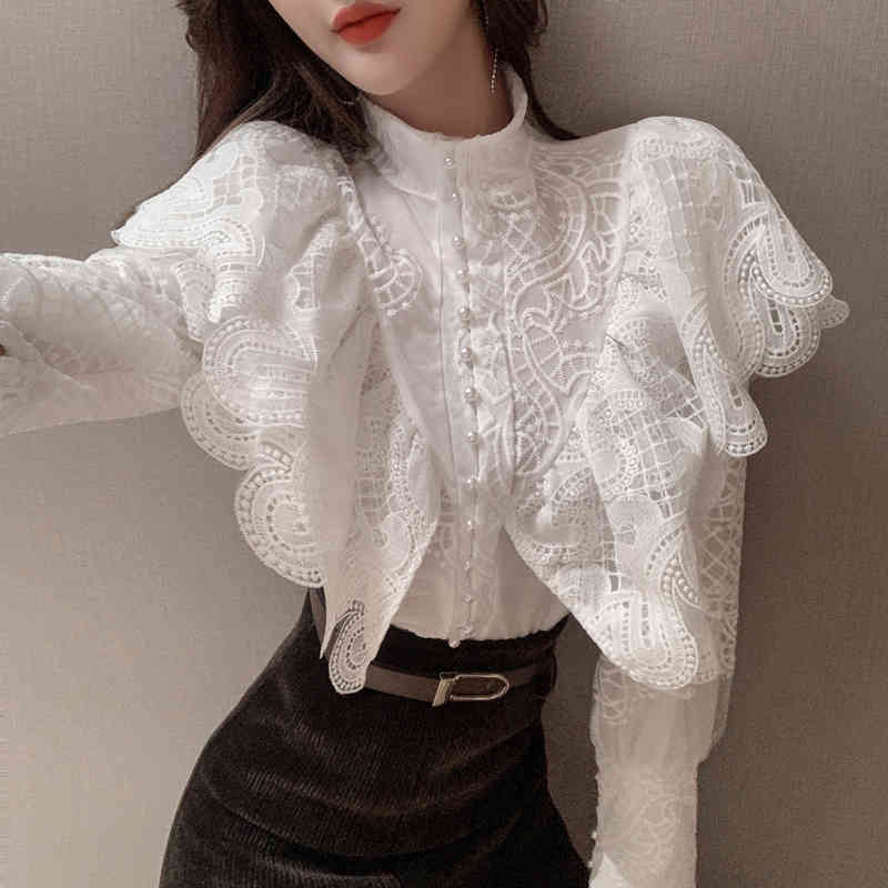 Fashion Women Stand Collar Ruffles Lantern Sleeve Embroidery Lace Blouse High Waist Corduroy Coffee Two Piece Skirt Set 210520